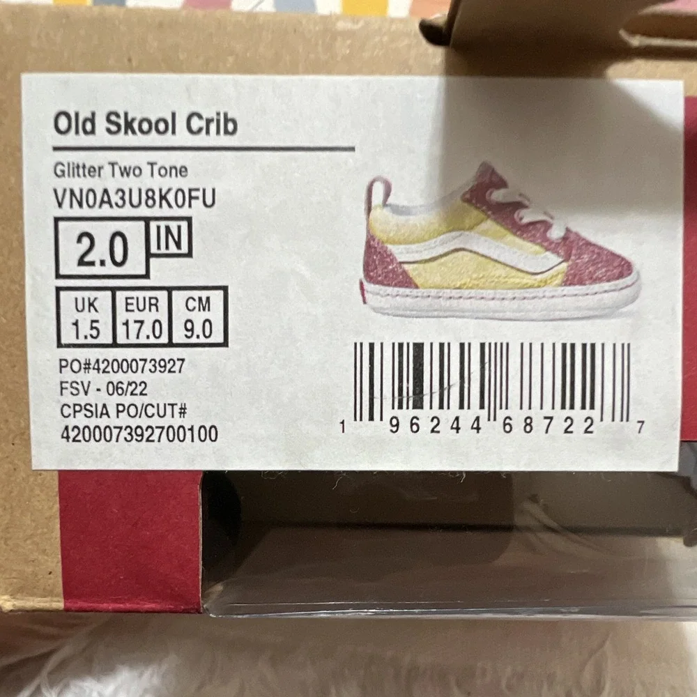VANS Old Skool Crib Glitter Pink/Yellow/White Lace Up US 2 EU 17 MPN